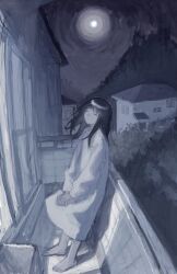 Rule 34 | 1girl, absurdres, balcony, barefoot, black hair, closed eyes, closed mouth, commentary request, facing up, floating hair, from side, full body, full moon, gaha ma, glass door, highres, house, long hair, long sleeves, moon, mountain, muted color, night, nightgown, original, outdoors, own hands together, scenery, shadow, smile, v arms, white nightgown