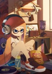 Rule 34 | + +, 1girl, bedroom, black eyes, black shorts, blunt bangs, bottle, bra strap, chips (food), closed mouth, commentary, controller, cross-laced footwear, day, dolphin shorts, english commentary, fang, food, frown, game controller, headphones, highres, indoors, inkling, inkling (language), inkling girl, inkling player character, long hair, looking to the side, marie (splatoon), mask, meta, nintendo, nintendo switch, no socks, nomu (29 nom), off shoulder, orange footwear, orange hair, phonograph, pillow, pointy ears, portrait (object), poster (object), potato chips, seashell, shell, shirt, shoes, short eyebrows, short shorts, short sleeves, shorts, sitting, solo, splash-o-matic (splatoon), splat bomb (splatoon), squid, t-shirt, tentacle hair, thick eyebrows, tissue box, very long hair, white shirt