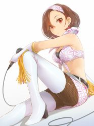 Rule 34 | 10s, 1girl, bare shoulders, belt, boots, bra, breasts, brown hair, dani-ikapi, earrings, fishnet pantyhose, fishnets, front-tie top, hairband, halterneck, halterneck, idolmaster, idolmaster cinderella girls, jewelry, looking at viewer, microphone, midriff, mizuki seira, pantyhose, red eyes, short hair, short shorts, shorts, solo, thigh boots, thighhighs, underwear