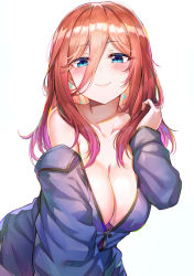 Rule 34 | 1girl, absurdres, arm up, bare shoulders, blue eyes, blue shirt, blush, breasts, cleavage, collarbone, go-toubun no hanayome, hair between eyes, hand in own hair, highres, large breasts, long hair, looking at viewer, nakano miku, red hair, shirt, simple background, smile, solo, sunhyun, upper body, white background