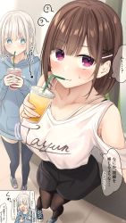 Rule 34 | ..., 2girls, ?, bad id, bad pixiv id, black legwear, black skirt, blood, blood from mouth, blue eyes, blue footwear, blue sweater, blush, bra visible through clothes, breasts, brown hair, childhood friend-chan (ramchi), closed mouth, collarbone, drink, drinking, drinking straw, drinking straw in mouth, from above, hair ornament, hairclip, highres, in mouth, long sleeves, looking at another, medium breasts, medium hair, multiple girls, open mouth, original, pantyhose, ramchi, red eyes, shirt, shoes, silver hair-chan (ramchi), skirt, sweater, thighhighs, thought bubble, white hair, white shirt