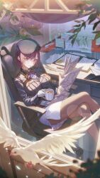Rule 34 | 1girl, absurdres, beret, bird, black hat, black jacket, breast pocket, breasts, brown pantyhose, chair, closed mouth, collared jacket, crossed legs, cup, desk, gloves, hat, heaven burns red, highres, holding, holding cup, holding newspaper, hxxg, jacket, large breasts, long sleeves, looking at viewer, military hat, military uniform, newspaper, office chair, pantyhose, pencil skirt, pocket, second-party source, short hair, shoulder boards, sitting, skirt, solo, swivel chair, tezuka saki, uniform, upper body, white gloves, white skirt