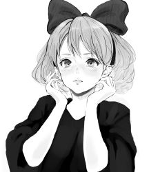 Rule 34 | 1girl, blush, bow, greyscale, hair bow, hairband, hands up, inoitoh, kiki (majo no takkyuubin), lips, looking at viewer, majo no takkyuubin, monochrome, short hair, simple background, sketch, smile, solo, upper body, white background