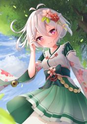 Rule 34 | 1girl, blush, bow, breasts, cloud, elf, fantasy, flower, green bow, green skirt, hair flower, hair ornament, hand in own hair, highres, japanese clothes, kokkoro (new year) (princess connect!), kokkoro (princess connect!), long pointy ears, obi, pointy ears, princess connect!, purple eyes, sash, short hair, silver hair, skirt, sky, small breasts, smile, solo, tree, white clover (unfy8472), wide sleeves, wind