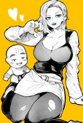 Rule 34 | 1boy, 1girl, absurdres, android 18, belt, blue eyes, breasts, character doll, cleavage, collarbone, dragon ball, earrings, greyscale with colored background, heart, highres, jewelry, kuririn, large breasts, looking at viewer, monochrome, open mouth, shorts, sitting, striped sleeves, teeth, torn clothes, yellow background, yotsumi shiro