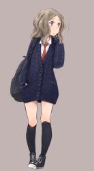 Rule 34 | 1girl, aran sweater, bag, black footwear, black socks, blue eyes, blush, brown hair, cable knit, cardigan, chibikko (morihito), collared shirt, cross-laced footwear, dress, full body, grey background, hand in pocket, high tops, kneehighs, long hair, looking to the side, morihito, necktie, open mouth, original, red necktie, school uniform, shirt, shoes, simple background, sleeves past wrists, sneakers, socks, solo, standing, striped necktie, striped neckwear, sweater, sweater dress, thick eyebrows, translation request, wavy hair, white shirt, wing collar
