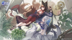 Rule 34 | 2girls, alternate costume, amagi (azur lane), animal ear fluff, azur lane, black gloves, breasts, brown hair, brown tail, cleavage cutout, clothing cutout, dress, fox mask, from above, gloves, hair between eyes, half gloves, highres, instrument, kitsune, kyuubi, large breasts, long hair, mask, mask on head, multiple girls, multiple tails, orange eyes, piano, plant, potted plant, purple eyes, red dress, see-through, sleeveless, sleeveless dress, starbottle, tail, tosa (azur lane), white hair, white tail