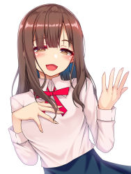 Rule 34 | 1girl, :d, bad id, bad pixiv id, black skirt, blunt bangs, blush, bow, bowtie, breasts, brown eyes, brown hair, collared shirt, commentary request, eyes visible through hair, eyeshadow, fingernails, hand on own chest, hand up, head tilt, high-waist skirt, highres, idolmaster, idolmaster cinderella girls, long hair, long sleeves, looking at viewer, makeup, mizumoto yukari, okuri banto, open mouth, parted bangs, red bow, red bowtie, shirt, sidelocks, simple background, skirt, small breasts, smile, solo, upper body, white background, white shirt, wing collar