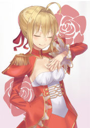 Rule 34 | 10s, 1girl, ahoge, blonde hair, braid, breasts, cleavage, closed mouth, commentary request, doonatsu., dress, epaulettes, fate/extra, fate (series), fingernails, gradient background, grey background, hair between eyes, hair bun, hair intakes, hand on own hip, hand on own chest, juliet sleeves, long sleeves, medium breasts, nero claudius (fate), nero claudius (fate) (all), nero claudius (fate/extra), puffy sleeves, red dress, single hair bun, smile, solo, v-shaped eyebrows, wings