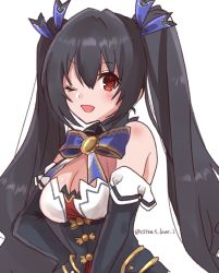 Rule 34 | bare shoulders, black hair, breasts, cleavage, collar, dress, happy, haruna (citrus love i), jacket, long hair, medium breasts, neptune (series), noire (neptunia), one eye closed, open mouth, red eyes, ribbon, tsundere, twintails, wink
