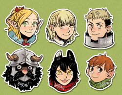 Rule 34 | 3boys, 3girls, :p, armor, barmn (b4rmn), beard, black hair, blonde hair, blush, brown hair, cat girl, chilchuck tims, cropped head, dungeon meshi, dwarf, elf, facial hair, fake horns, falin touden, halfling, helmet, highres, horned helmet, horns, izutsumi, laios touden, large ears, long beard, looking at viewer, male focus, marcille donato, multicolored hair, multiple boys, multiple girls, plate armor, pointy ears, senshi (dungeon meshi), sideburns stubble, smile, stubble, thick mustache, tongue, tongue out, two-tone hair, very long beard