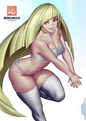 Rule 34 | 1girl, artist name, bare shoulders, bikini, blonde hair, bokuman, breasts, cleavage, covered erect nipples, creatures (company), curvy, female focus, game freak, green eyes, grin, highres, long hair, looking at viewer, lusamine (pokemon), mature female, medium breasts, nintendo, pokemon, pokemon sm, shiny skin, smile, solo, swimsuit, thick thighs, thighhighs, thighs, very long hair