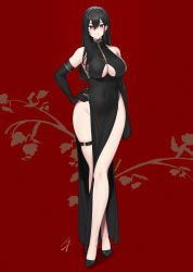 Rule 34 | 1girl, bare shoulders, black dress, black footwear, black gloves, black hair, blush, breasts, classy-black-haired girl (hayabusa), closed mouth, commentary, covered navel, dress, earrings, elbow gloves, full body, gloves, hand on own hip, hayabusa, highres, jewelry, large breasts, looking at viewer, mole, mole under eye, mole under mouth, original, parted lips, purple eyes, red background, sleeveless, sleeveless dress, solo, standing, symbol-only commentary, thigh strap, thighs