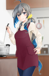 Rule 34 | 1girl, adapted costume, aged up, ahoge, asymmetrical hair, blue eyes, blue hair, blurry, blurry background, blush, closed mouth, cooking, cowboy shot, denim, depth of field, faucet, grey hair, grey sweater, hair between eyes, hand on own hip, highres, holding, indoors, jeans, kantai collection, kitchen, kiyoshimo (kancolle), ladle, lips, long hair, long sleeves, looking at viewer, low ponytail, multicolored hair, pants, pot, smile, solo, sweater, two-tone hair, umino haruka (harukaumino6), very long hair