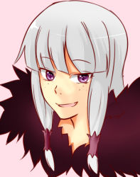 Rule 34 | 1girl, agria (tales), freckles, fur, grey hair, long hair, low-tied long hair, lowres, open mouth, pink background, purple eyes, tales of (series), tales of xillia