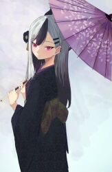 Rule 34 | back bow, black hair, black kimono, blue archive, blush, bow, brown bow, closed mouth, cowboy shot, ear piercing, from behind, gradient hair, grey hair, holding, holding umbrella, hrk (dxez4457), japanese clothes, kayoko (blue archive), kayoko (new year) (blue archive), kimono, long sleeves, looking at viewer, looking back, multicolored hair, oil-paper umbrella, piercing, pink eyes, smile, streaked hair, umbrella, wide sleeves, yukata