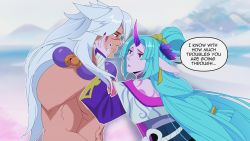 Rule 34 | 1boy, 1girl, absurdres, bare shoulders, bead necklace, beads, blue nails, closed mouth, colored skin, english text, eye contact, gradient background, green hair, grey background, grey hair, grey skin, hair bun, hair ornament, highres, horns, jewelry, league of legends, long hair, long sleeves, looking at another, nail polish, necklace, odeko yma, official alternate costume, outline, pointy ears, purple eyes, sett (league of legends), single hair bun, single horn, soraka (league of legends), speech bubble, spirit blossom sett, spirit blossom soraka, topless male, white outline