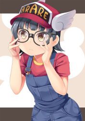 Rule 34 | 1girl, arare (kancolle), baseball cap, bespectacled, black hair, blunt bangs, blush, brown eyes, character name, clothes writing, commentary request, cosplay, cowboy shot, dr. slump, flat chest, frown, glasses, hands on own face, hat, highres, kantai collection, looking at viewer, name connection, norimaki arale, norimaki arale (cosplay), overalls, red hat, red shirt, shirt, short hair, short sleeves, sidelocks, solo, standing, two-tone background, winged hat, yasume yukito