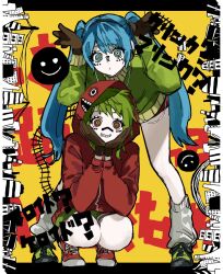 Rule 34 | 2girls, blue hair, brown gloves, gloves, green hair, green jacket, grin, gumi, hair between eyes, hands on own cheeks, hands on own face, hatsune miku, highres, hood, hood up, inu totemo, jacket, leaning forward, leg warmers, long hair, long sleeves, looking at viewer, matryoshka (vocaloid), multiple girls, red jacket, shoes, shorts, smile, sneakers, squatting, standing, twintails, very long hair, vocaloid