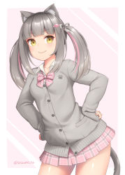Rule 34 | 1girl, animal ears, blush, bow, cardigan, cat ears, cat tail, cowboy shot, grey hair, hair ornament, hands on own hips, long hair, looking at viewer, multicolored hair, original, sasaame, shirt, simple background, skirt, smile, solo, streaked hair, tail, twitter username, two-tone background, two side up, white shirt