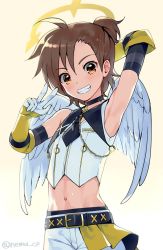Rule 34 | 1boy, ahoge, alternate costume, angel wings, arm up, armpits, asymmetrical bangs, belt, blush, brown eyes, brown hair, choker, clenched teeth, commentary request, cowboy shot, crop top, elbow gloves, feathered wings, gloves, gradient background, halo, idolmaster, idolmaster side-m, jewelry, looking at viewer, male focus, midriff, navel, necklace, nemunemu (candy paddle), short hair, shorts, sleeveless, smile, solo, tachibana shiro (idolmaster), tan background, teeth, twitter username, w, white shorts, white wings, wings