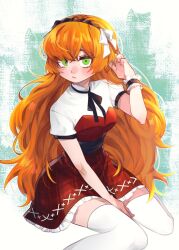 Rule 34 | 1girl, black bow, black bowtie, blush, bow, bowtie, dress, freckles, hand up, highres, ishmael (project moon), limbus company, long hair, orange hair, pmchell 04, project moon, puffy short sleeves, puffy sleeves, red dress, shirt, short sleeves, sitting, solo, thighhighs, very long hair, wariza, white shirt, white thighhighs, wrist cuffs