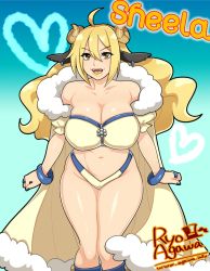 Rule 34 | 1girl, agawa ryou, ahoge, artist name, bad id, bad tumblr id, bandeau, bangle, bikini, blonde hair, blue nails, boots, borrowed character, bracelet, breasts, brown eyes, cape, character name, cleavage, curvy, detached sleeves, earrings, fangs, fur trim, highleg, horns, jewelry, knee boots, large breasts, lipstick, long hair, makeup, monster girl, nail polish, navel, off shoulder, original, ring, sheep girl, sheep horns, solo, strapless, swimsuit, tube top, watermark, web address, yellow lips, zipper