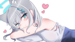 Rule 34 | 1girl, absurdres, animal ear fluff, animal ears, blue archive, blue eyes, blue halo, blue skirt, blush, breasts, closed mouth, commentary request, cross hair ornament, extra ears, grey hair, grey tank top, hair between eyes, hair ornament, halo, heart, highres, looking at viewer, lying, mahjong soul, medium bangs, medium hair, on stomach, pillow, shiroko (blue archive), simple background, skirt, small breasts, smile, solo, syakocyo sir, tank top, upper body, white background, wolf ears