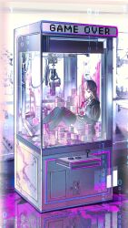 Rule 34 | 1girl, absurdres, arcade cabinet, binary, black jacket, black thighhighs, blood, blood from mouth, blood on glass, blood splatter, crane game, danganronpa (series), danganronpa 2: goodbye despair, dress shirt, from outside, game over, hand on glass, highres, in crane game, jacket, knees up, limited palette, long sleeves, medium hair, nanami chiaki, neck ribbon, open clothes, open jacket, pink blood, ribbon, shirt, sitting, smeared blood, solo, spaceship hair ornament, tetris, thighhighs, white shirt, wu huo (nor020113)