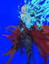 Rule 34 | angry, armor, bare shoulders, belt, bishounen, black footwear, blue background, blue fire, boots, cape, commentary, energy, english commentary, fire, full body, granblue fantasy, hair between eyes, highres, leg armor, lucilius (granblue fantasy), messy hair, pale skin, red cape, scar, scar on neck, shaded face, short hair, shoulder armor, sketch, thigh boots, topless male, torn clothes, wahoosandalphon, walking, white hair