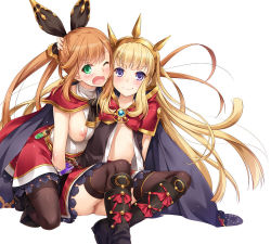 Rule 34 | 10s, 2girls, ass, black legwear, blonde hair, boots, breasts, brooch, brown hair, cagliostro (granblue fantasy), cape, clarisse (granblue fantasy), female focus, flat chest, granblue fantasy, green eyes, hair ribbon, hand on another&#039;s head, jewelry, large breasts, long hair, multiple girls, nakajima yuka, nipple slip, nipples, no bra, no panties, one eye closed, open clothes, open mouth, open shirt, ponytail, purple eyes, ribbon, shirt, simple background, sitting, skirt, smile, thighhighs, tiara, very long hair, white background