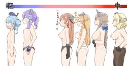 Rule 34 | 6+girls, black panties, black pantyhose, blonde hair, blue bow, blue hair, bow, braid, breasts, bust chart, closed eyes, colorado (kancolle), comparison, completely nude, double bun, enjaku izuku, flat chest, fletcher (kancolle), french braid, hair bow, hair bun, hair ornament, hair ribbon, headgear, highres, johnston (kancolle), kantai collection, langley (kancolle), large breasts, light brown hair, little blue whale (kancolle), long hair, low twintails, maryland (kancolle), medium breasts, medium hair, multiple girls, nude, panties, pantyhose, purple hair, ribbon, samuel b. roberts (kancolle), short hair, side braids, small breasts, topless, translation request, twintails, two side up, underwear, underwear only, whale, white panties