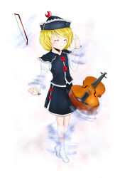 Rule 34 | 1girl, aura, blonde hair, blush, bow (music), closed eyes, crescent, draw-till-death, expressionless, eyelashes, hand up, hat, highres, instrument, juliet sleeves, long sleeves, lunasa prismriver, motion lines, no shoes, puffy sleeves, short hair, simple background, skirt, skirt set, solo, tabi, touhou, violin, white background