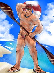 Rule 34 | 1boy, abs, alternate costume, arm behind head, bara, bare pectorals, beach, blue eyes, brown hair, bulge, cross scar, facial hair, fate/grand order, fate (series), full body, goatee, goggles, goggles around neck, grin, highres, large pectorals, long sideburns, male focus, male swimwear, mature male, mikeura (public yamiichi), muscular, muscular male, napoleon bonaparte (fate), navel, nipples, paddle, pectorals, red male swimwear, sand, sandals, scar, scar on chest, short hair, sideburns, smile, solo, standing, stomach, summer, sunlight, swim briefs, thick thighs, thighs