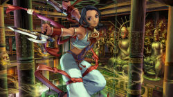 Rule 34 | 1girl, female focus, highres, looking at viewer, martial arts, solo, soul calibur, statue, talim, temple, tonfa, weapon, wind
