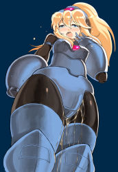 Rule 34 | 1girl, arm cannon, artist request, blonde hair, blue eyes, bodysuit, breasts, drooling, female focus, latex, long hair, peeing, rokko-chan, rokko-chan (character), saliva, simple background, solo, tears, weapon