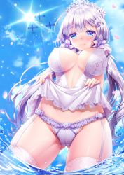 Rule 34 | 1girl, aircraft, airplane, alternate costume, azur lane, blue eyes, blue sky, blush, breasts, bridal veil, cameltoe, cleavage, closed mouth, commentary request, covered erect nipples, cuerv, day, downscaled, dress, elbow gloves, from below, garter straps, gloves, gluteal fold, groin, hair ornament, highres, hitomilook, illustrious (azur lane), illustrious (morning star of love and hope) (azur lane), large breasts, lifted by self, long hair, looking at viewer, low twintails, mole, mole under eye, no bra, outdoors, panties, resized, skindentation, sky, smile, solo, sunlight, thighhighs, thighs, tiara, twintails, underwear, veil, wading, water, wedding dress, wet, white dress, white gloves, white hair, white thighhighs