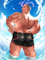 Rule 34 | 1boy, ass, back, bara, black hair, black male swimwear, butt crack, character request, cloud, day, facial hair, highres, looking back, male focus, male swimwear, muscular, muscular male, outdoors, satou shouhei, scar, scar on face, scar on nose, short hair, sky, solo, thick thighs, thighs, tokyo houkago summoners, water