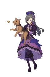 Rule 34 | 1girl, animal, black footwear, blue hat, boots, bug, butterfly, collar, dog, dress, frilled dress, frills, full body, grey hair, hand up, hat, highres, holding, holding animal, holding dog, insect, knee boots, long hair, looking at viewer, official art, open mouth, princess principal, princess principal game of mission, purple dress, purple eyes, purple footwear, purple legwear, shoes, solo, sophie mackenzie, standing, sweatdrop, transparent background