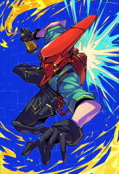 Rule 34 | 1boy, absurdres, backpack, bag, black gloves, blue background, bomb rush cyberfunk, chain, commentary, covered face, cyberhead, english commentary, gloves, green shirt, helmet, highres, male focus, red (bomb rush cyberfunk), red headwear, shimure (460), shirt, solo, spray can, thrusters