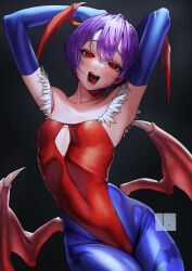 Rule 34 | 1girl, animal print, armpits, arms up, bat print, bat wings, blue gloves, blue pantyhose, breasts, collarbone, commentary request, covered navel, diamond cutout, elbow gloves, gloves, hair between eyes, head wings, highres, leotard, lilith aensland, low wings, nanja, open mouth, pantyhose, petite, print pantyhose, purple hair, red eyes, red leotard, short hair, skin tight, skindentation, small breasts, solo, tongue, tongue out, vampire (game), wings