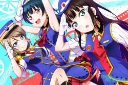Rule 34 | 3girls, anchor symbol, anibache, armpits, black hair, blue eyes, blue hair, blue hat, blush, breasts, brown hair, closed mouth, gloves, green eyes, happy party train, hat, kurosawa dia, large breasts, looking at viewer, love live!, love live! sunshine!!, multiple girls, open mouth, parted lips, pink eyes, puffy short sleeves, puffy sleeves, salute, short hair, short sleeves, smile, tsushima yoshiko, watanabe you, white gloves