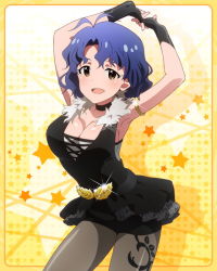 Rule 34 | 10s, 1girl, ahoge, armlet, armpits, arms up, artist request, black gloves, blue hair, breasts, brown eyes, cleavage, fingerless gloves, gloves, idolmaster, idolmaster million live!, looking at viewer, million live card, official art, pantyhose, pantyhose under shorts, print pantyhose, short hair, shorts, smile, solo, toyokawa fuka, yellow background