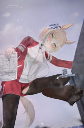 Rule 34 | 1girl, absurdres, animal ears, black thighhighs, blonde hair, blue nails, blush, bow, closed mouth, faucet, greek toe, green eyes, grey sky, hair bow, highres, holding, holding paper, horse ears, horse girl, horse tail, jacket, jersey, little cocon (umamusume), looking at viewer, multicolored hair, nail polish, open clothes, open jacket, outdoors, paper, rain, red jacket, red shorts, shirt, shoes, short hair, shorts, sky, sneakers, soles, solo, streaked hair, tail, thighhighs, toes, tongue, tongue out, umamusume, ursica, water drop, wet, wet clothes, white shirt
