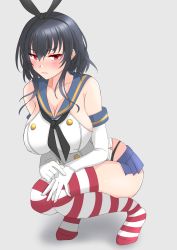 Rule 34 | 1girl, absurdres, animal ears, black hair, black neckerchief, black panties, blue sailor collar, blue skirt, blush, breasts, cleavage, closed mouth, commentary request, cosplay, cropped shirt, detached sleeves, elbow gloves, fake animal ears, gloves, grey background, hair between eyes, highres, kantai collection, large breasts, neckerchief, nitamako (sakamalh), panties, pleated skirt, rabbit ears, red eyes, sailor collar, school uniform, serafuku, shimakaze (kancolle), shimakaze (kancolle) (cosplay), shirt, short hair, simple background, skirt, solo, squatting, striped clothes, striped thighhighs, thighhighs, underwear, uniform, white gloves, white shirt, yamashiro (kancolle)