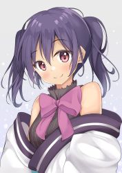 Rule 34 | 1girl, bare shoulders, black hair, black shirt, blush, bow, bowtie, buttons, closed mouth, collared shirt, commentary request, cropped torso, grey background, hair between eyes, highres, japanese clothes, keito4f, kimono, long sleeves, looking at viewer, medium hair, off shoulder, purple bow, purple bowtie, purple eyes, sash, shiny skin, shirt, shoulder blush, sleeveless, sleeveless shirt, smile, snowflakes, solo, striped clothes, striped shirt, twintails, upper body, urara meirochou, vertical-striped clothes, vertical-striped shirt, white kimono, yukimi koume