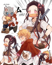 Rule 34 | 1girl, 2boys, agatsuma zenitsu, anger vein, armor, arrow (symbol), baguette, basket, black hair, blank eyes, blonde hair, boar mask, bread, brown gloves, capelet, chest guard, chibi, collared shirt, cosplay, cropped torso, cross-laced clothes, crying, crying with eyes open, eiko znnz, emphasis lines, fingerless gloves, food, gloom (expression), gloves, gun, hair ribbon, hand on own hip, hashibira inosuke, hetero, highres, holding hands, hood, hood down, hooded capelet, hug, hunter (little red riding hood), hunter (little red riding hood) (cosplay), jewelry, kamado nezuko, kimetsu no yaiba, leather, leather armor, leather gloves, little red riding hood, little red riding hood (grimm), little red riding hood (grimm) (cosplay), long hair, long sleeves, looking at another, midriff, mouth hold, multicolored hair, multiple boys, multiple views, necklace, pants, pelt, picnic basket, pink hair, pink ribbon, ponytail, profile, red capelet, ribbon, rifle, shirt, short hair, short sleeves, sidelocks, simple background, spoken hand, streaked hair, tears, tied shirt, tooth necklace, topless male, translation request, weapon, weapon on back, white background, white shirt
