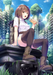 Rule 34 | 1girl, backpack, bag, binoculars, black thighhighs, blouse, blush, boots, breast pocket, breasts, brown eyes, brown hair, collared shirt, day, eating, food, from below, from side, full body, looking at viewer, medium breasts, noe noel, open mouth, original, outdoors, overgrown, pocket, shirt, short hair, short shorts, shorts, sitting, solo, thighhighs, white shirt