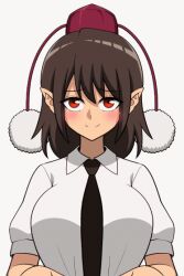Rule 34 | 1girl, animated, animated gif, artist request, blush, bouncing breasts, breasts, brown hair, closed mouth, clothes lift, large breasts, lifting own clothes, looking at viewer, medium hair, nipples, no bra, pointy ears, red eyes, shameimaru aya, shirt lift, smile, solo, source request, touhou