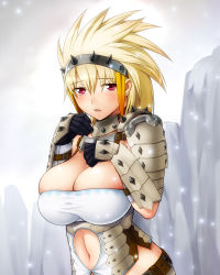 Rule 34 | 1girl, armor, bad id, bad pixiv id, barioth (armor), blonde hair, breasts, capcom, cleavage, earrings, jewelry, large breasts, monster hunter (series), navel, solo, spikes, yuzuriha (active homing)
